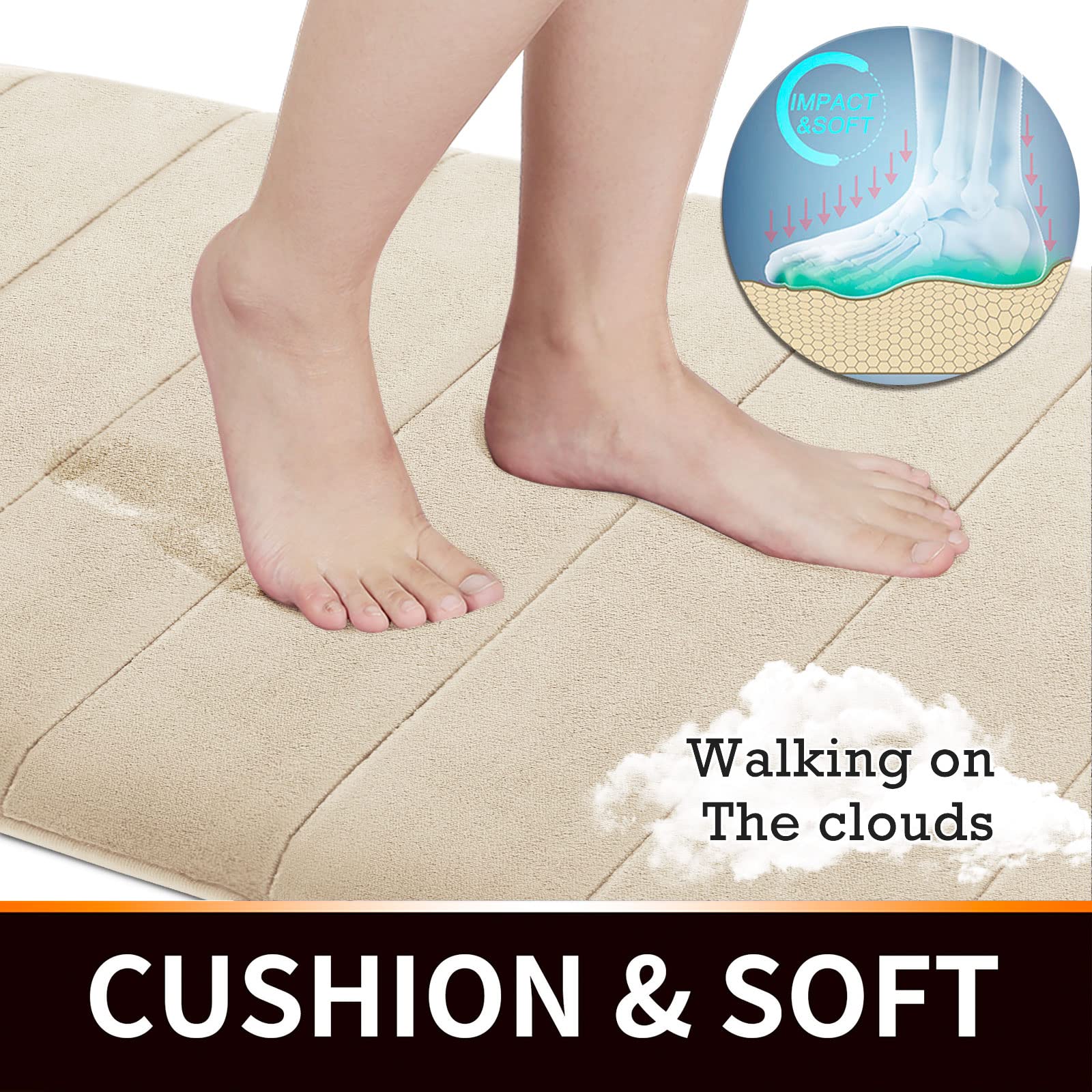 Yimobra Memory Foam Bath Mat  Comfortable  Soft  Maximum Absorbent  Machine Wash  Non-Slip  Thick  Easier to Dry for Bathroom Floor Rug (24 x 17 Inch  Beige)